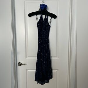 City Triangles Navy Blue Shimmer Halter Asymmetrical Dress